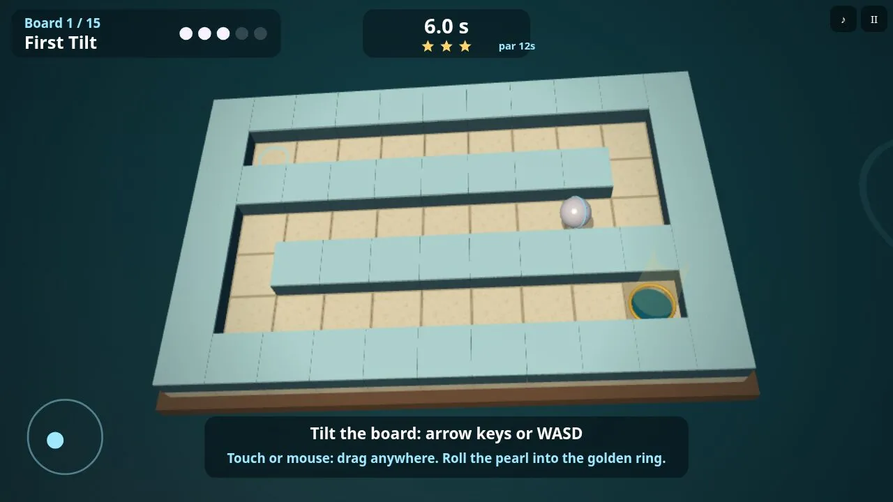 The first zigzag board tilted on a misty teal lake, with the pearl near the start ring