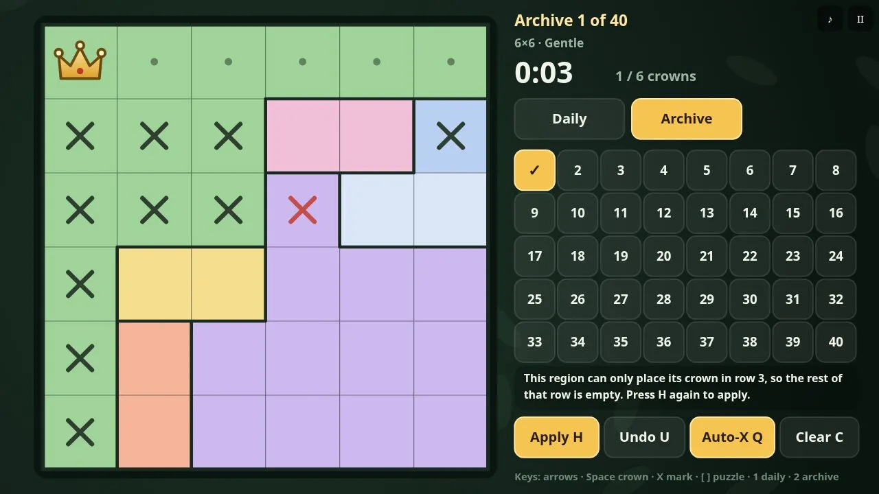 A 6x6 crowns puzzle with coloured regions and the archive grid on the right