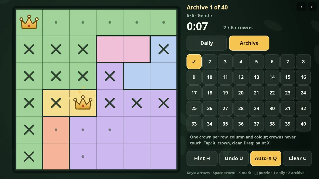 A board close to solved with several crowns and crossed-out cells