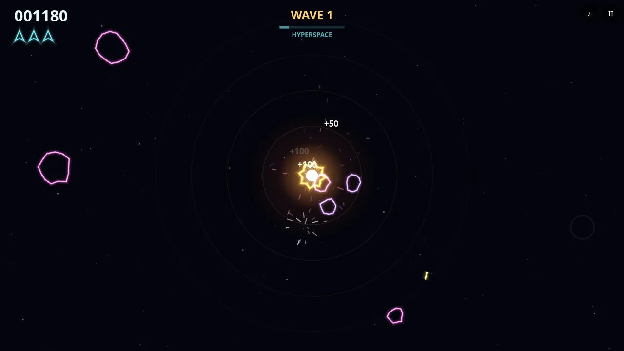 A cyan vector ship near the glowing orange star at the centre while purple and pink asteroid outlines orbit around it