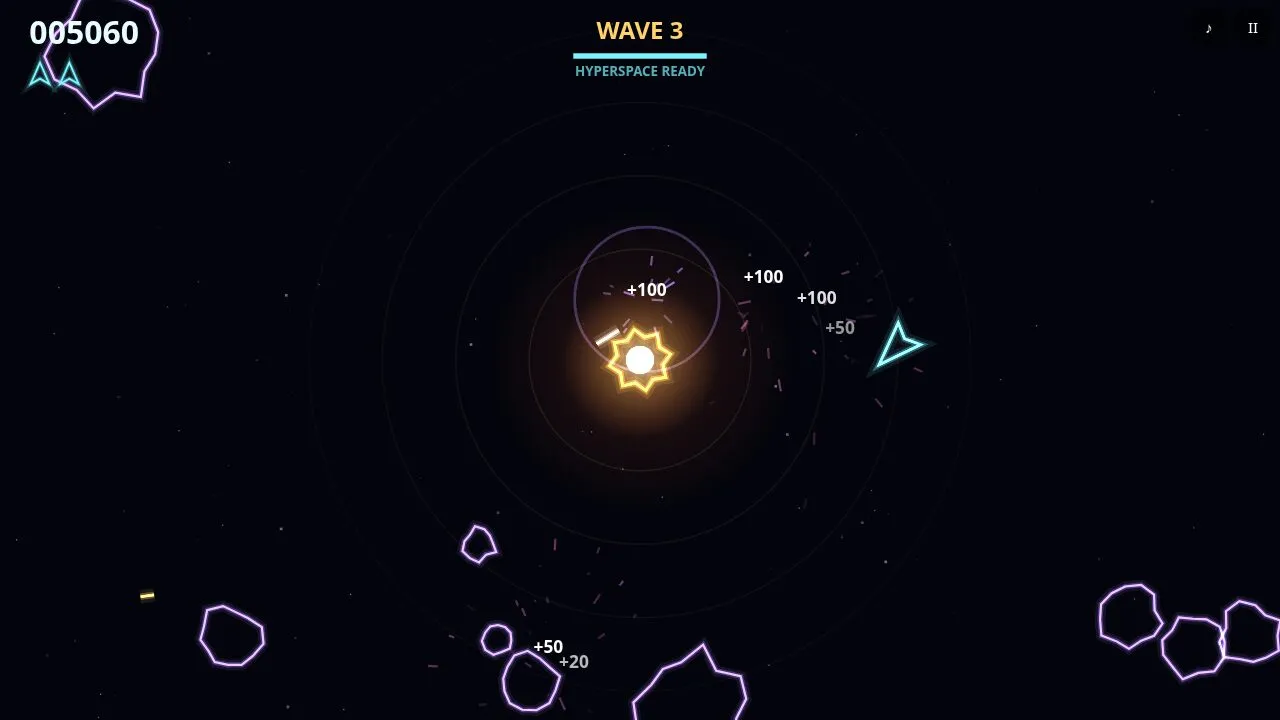 Split asteroids, sparks and a green saucer firing red shots across the gravity rings