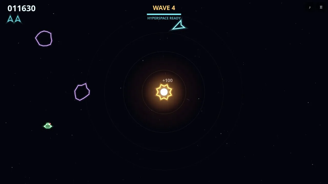 A crowded later wave with gold slingshot shots curving around the star