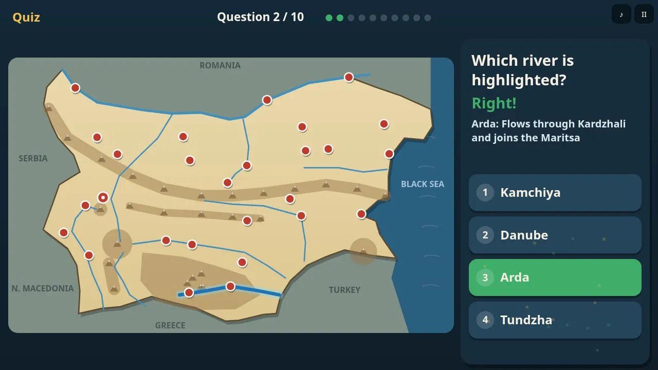 The map of Bulgaria with red city dots and a question panel asking where a city is