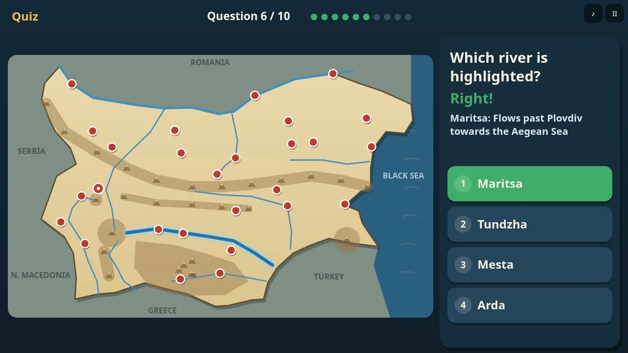 A highlighted river on the map with four answer buttons