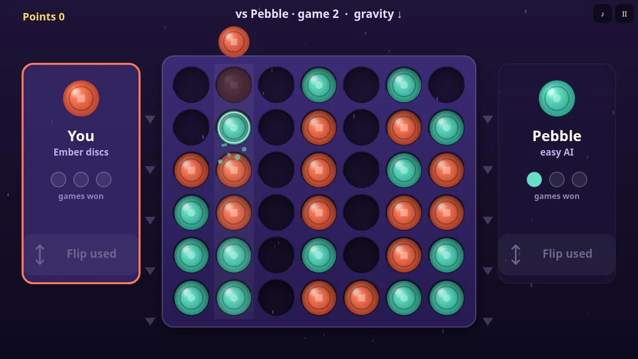 A later game in the match with won games marked as pips under each player