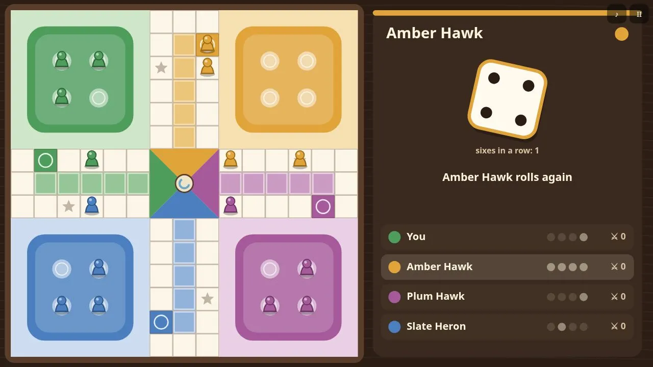 The wooden cross-shaped board with four coloured ponds, pawns on the track and the die in the side panel