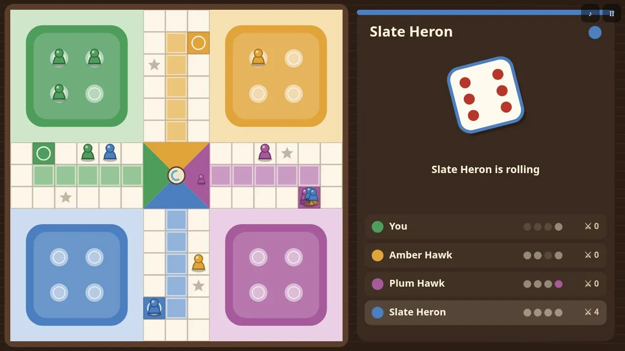 Pawns of four colours spread around the track in the middle of a game
