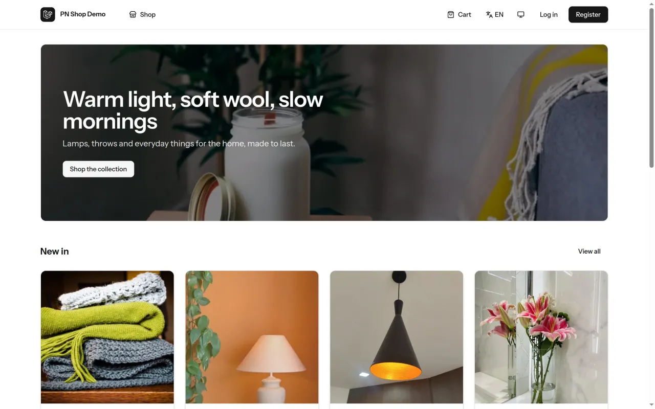 PN Scripts Shop storefront home page with a hero banner and new products