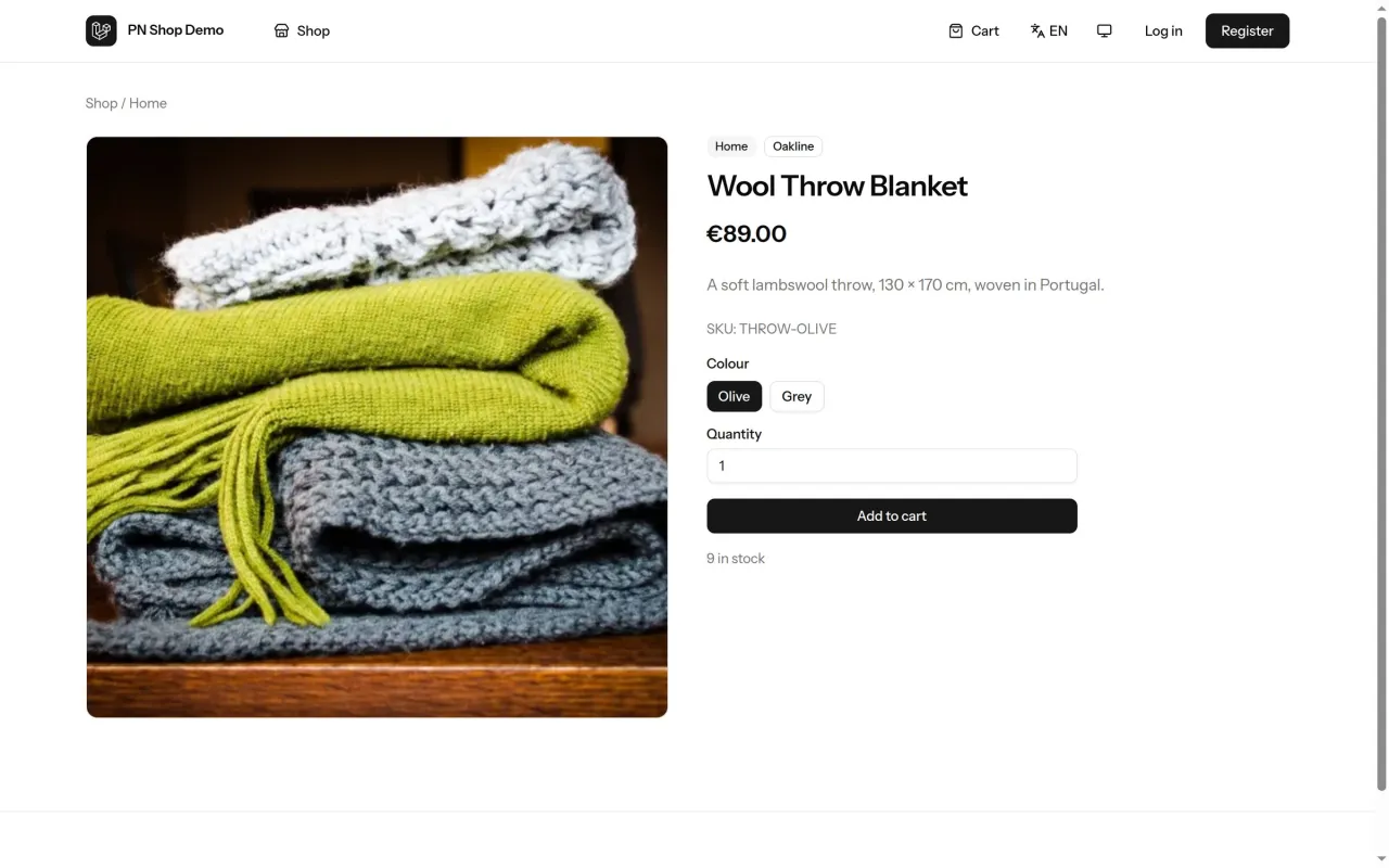 Product page with colour options, price, SKU and stock