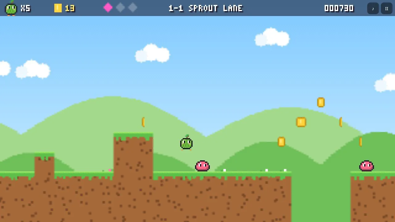 The marrow sprout running across grassy pixel ground in Sprout Meadow with coins, a slime and rolling green hills behind