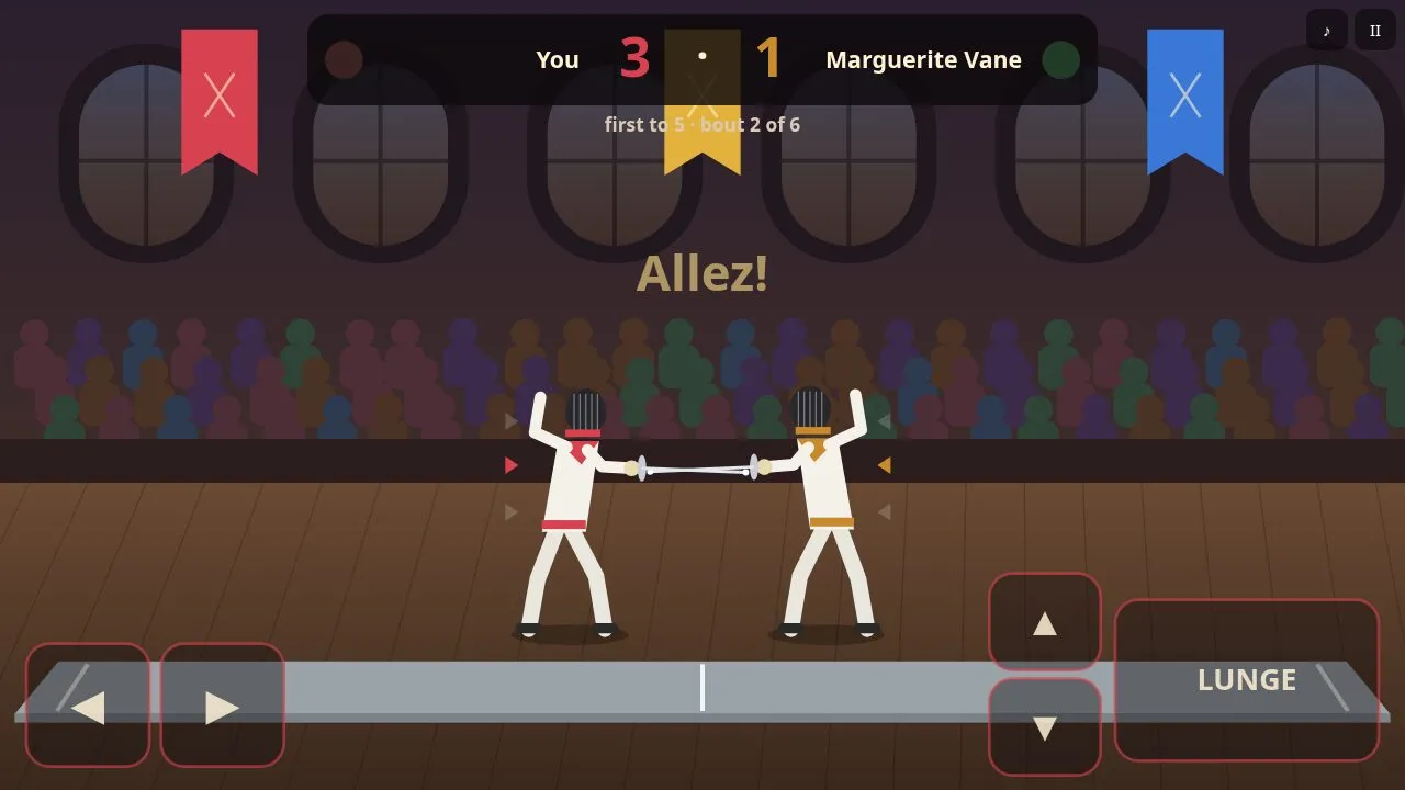 A fencer lunges with a glowing blade while the scoreboard shows the bout score