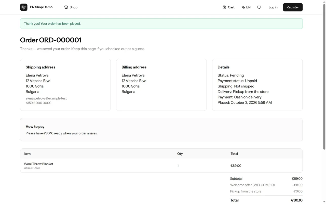 Order confirmation page with addresses, order status, payment and delivery