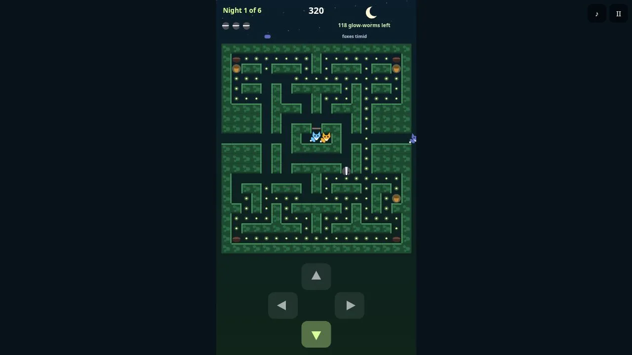 A badger in a hedge maze at night with glowing dots and four coloured foxes