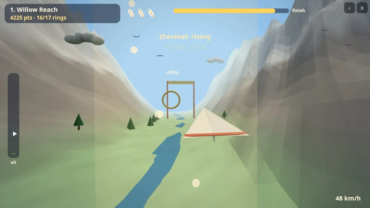 The glider near the end of the valley with the progress bar almost full