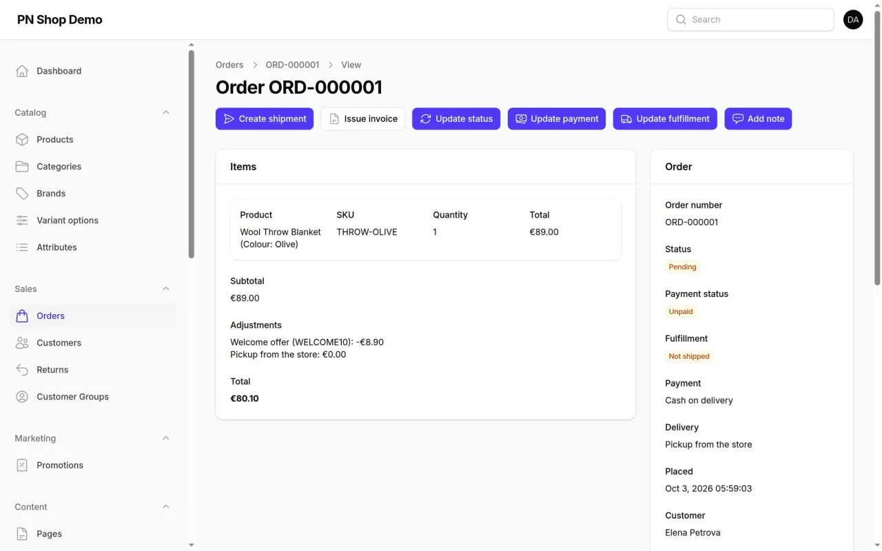 An order in the admin with shipment, invoice, payment and fulfilment actions