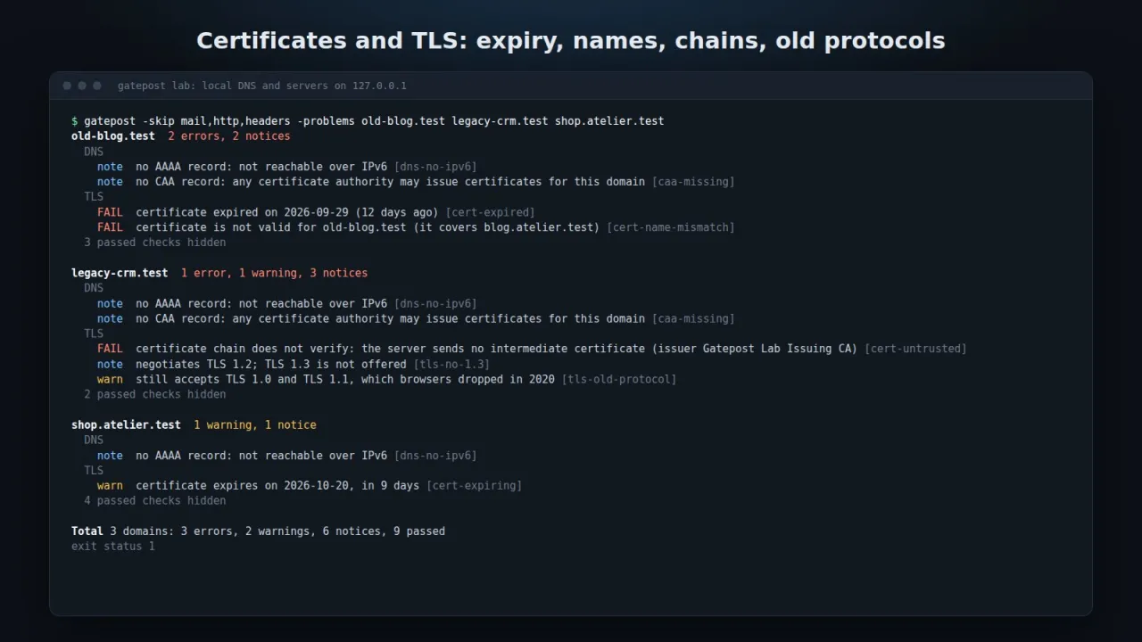 Находки на Gatepost за TLS: изтекъл сертификат за друго име, липсващ междинен сертификат и още приеман TLS 1.0