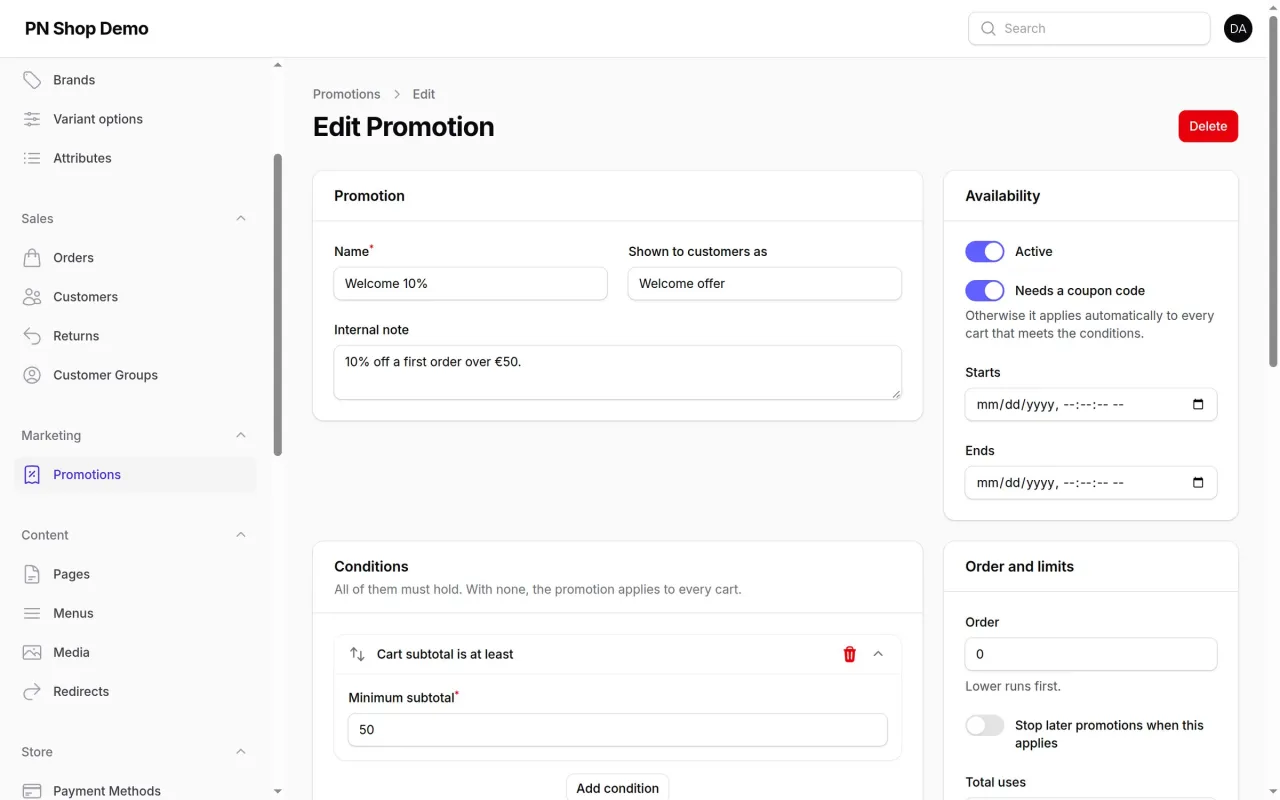 Promotion form with a coupon requirement, a subtotal condition and limits