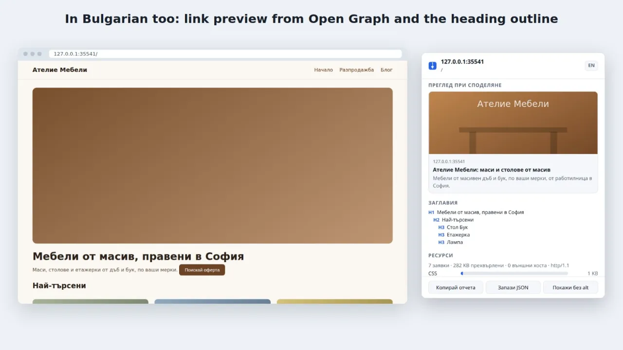 Plumbline popup in Bulgarian with the Open Graph link preview and the heading outline