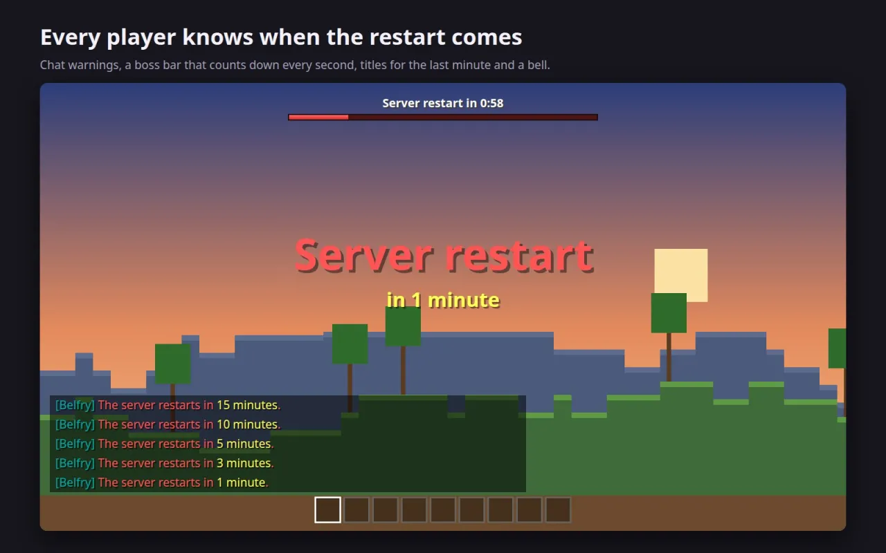 Изглед от играта с червена лента Server restart in 0:58, заглавие Server restart in 1 minute и предупреждения в чата