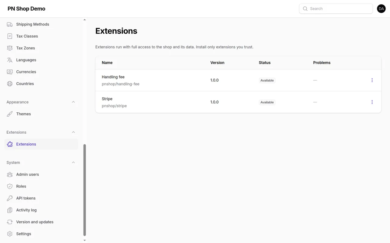 Extensions list in the admin with the Stripe and handling fee plugins