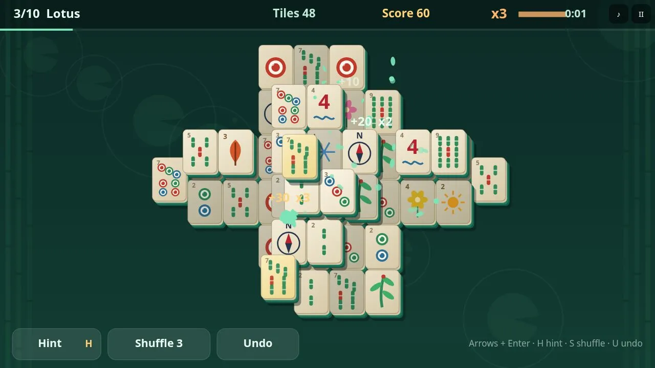 A layered mahjong layout on a dark jade pond with the score, combo and buttons for hint, shuffle and undo