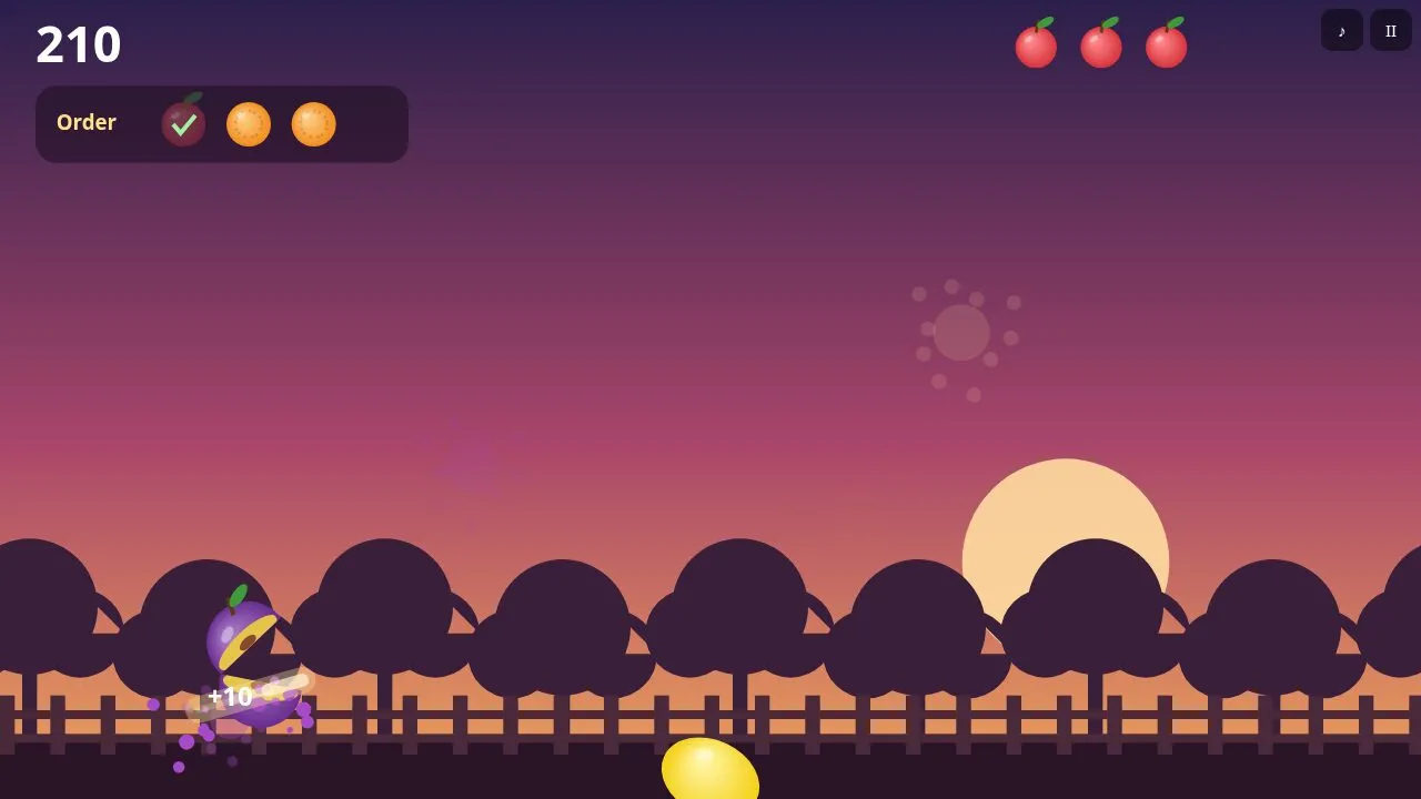 Fruit flying up over an orchard at sunset with the score and a smoothie order card