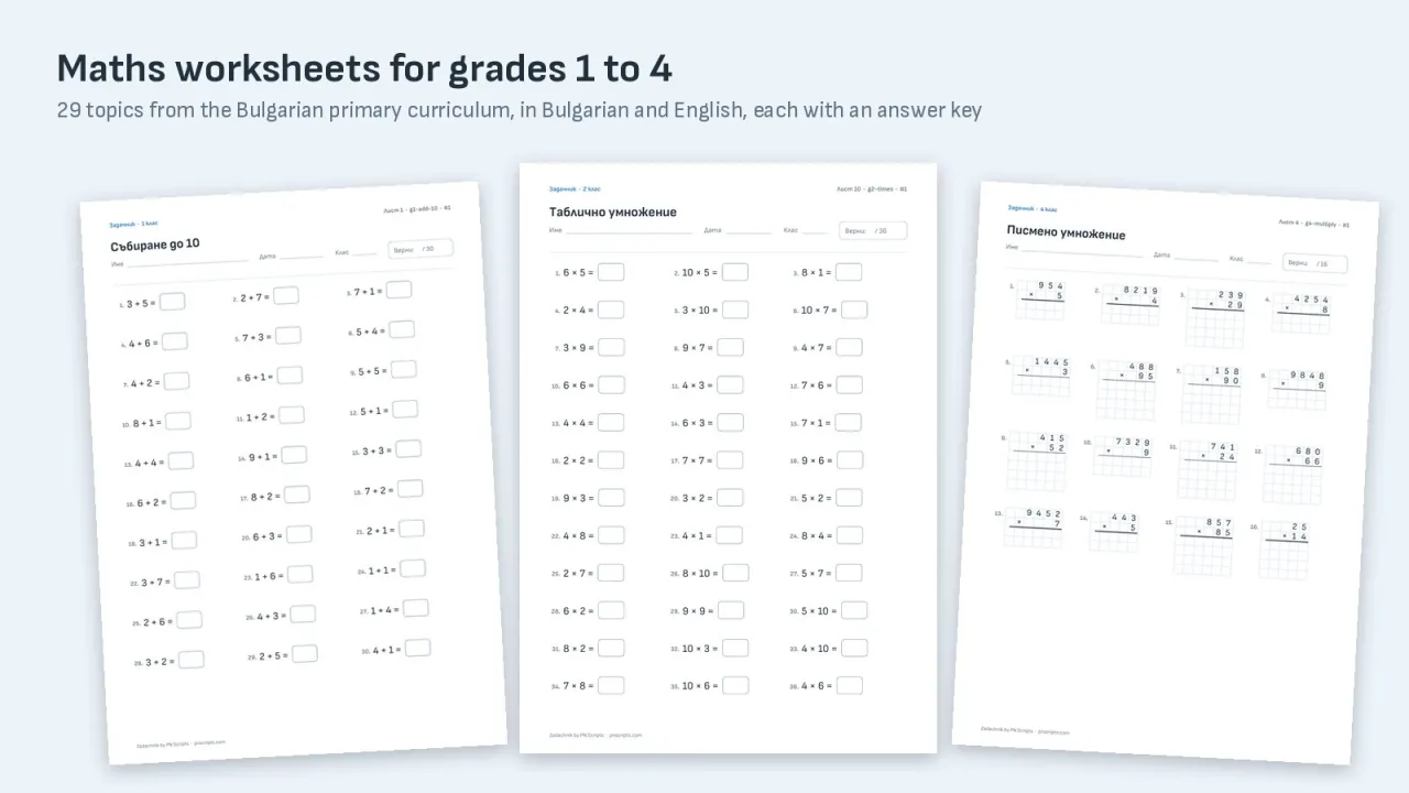 Worksheets for grade 1 addition, grade 2 times tables and grade 4 long multiplication