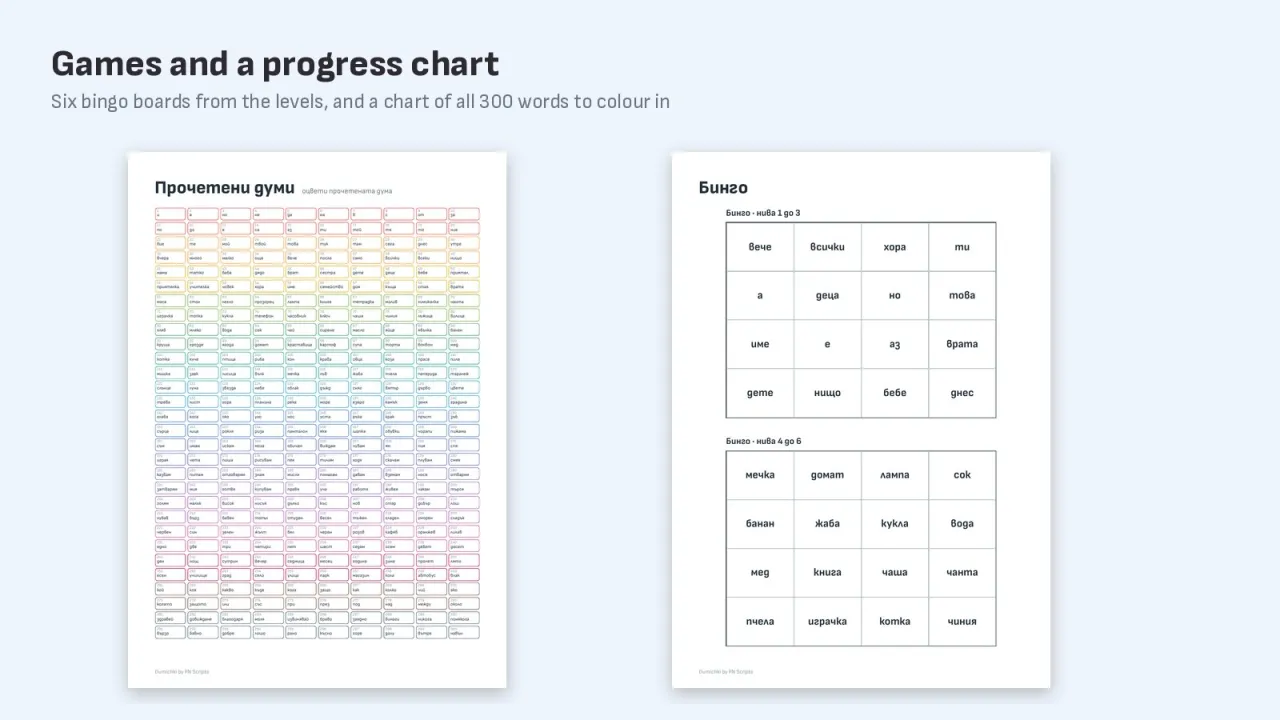 The progress chart of 300 words and two bingo boards