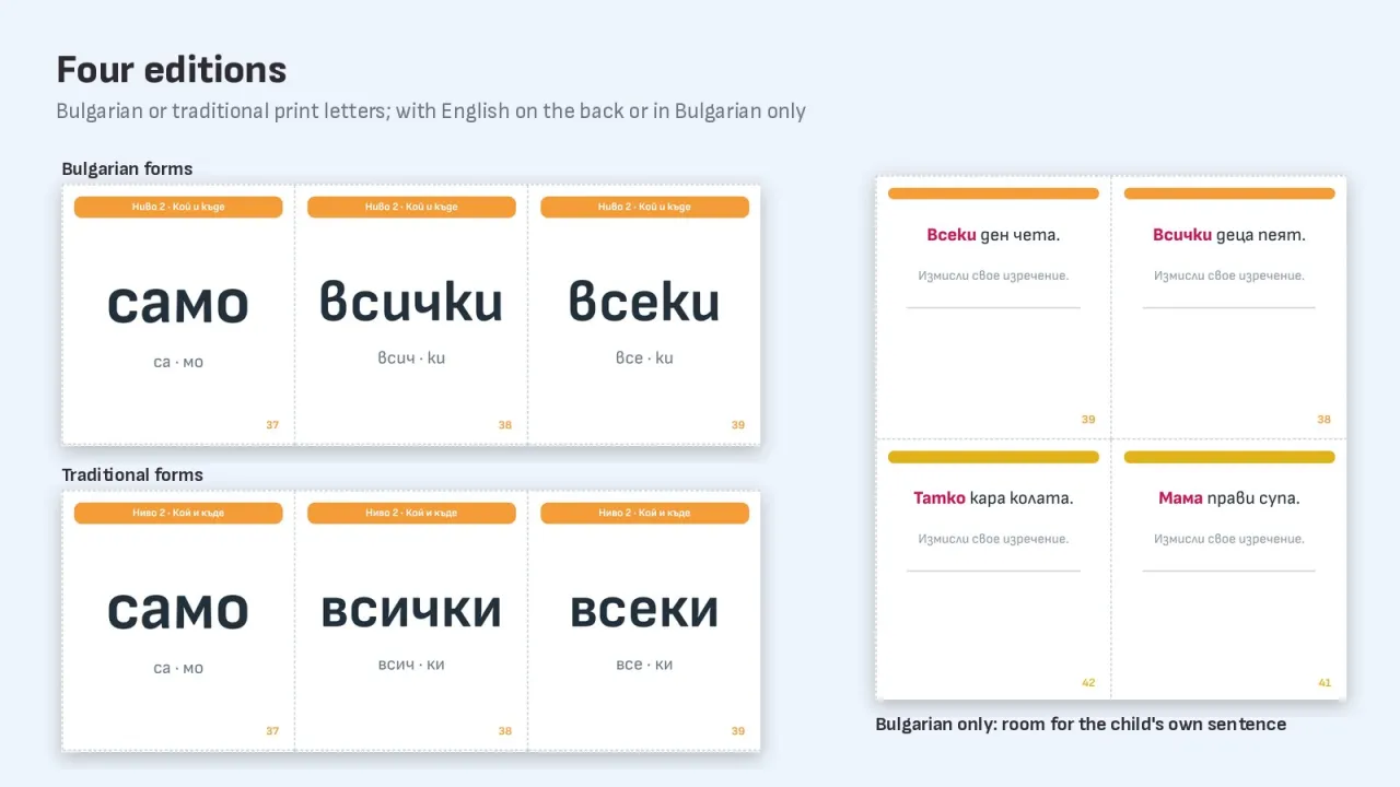 Cards in Bulgarian and in traditional print letters, and a Bulgarian-only back