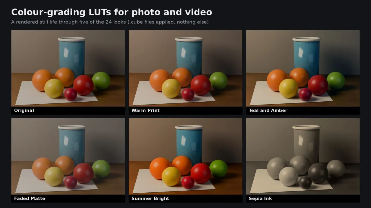 A rendered still life in its original colours and through five looks
