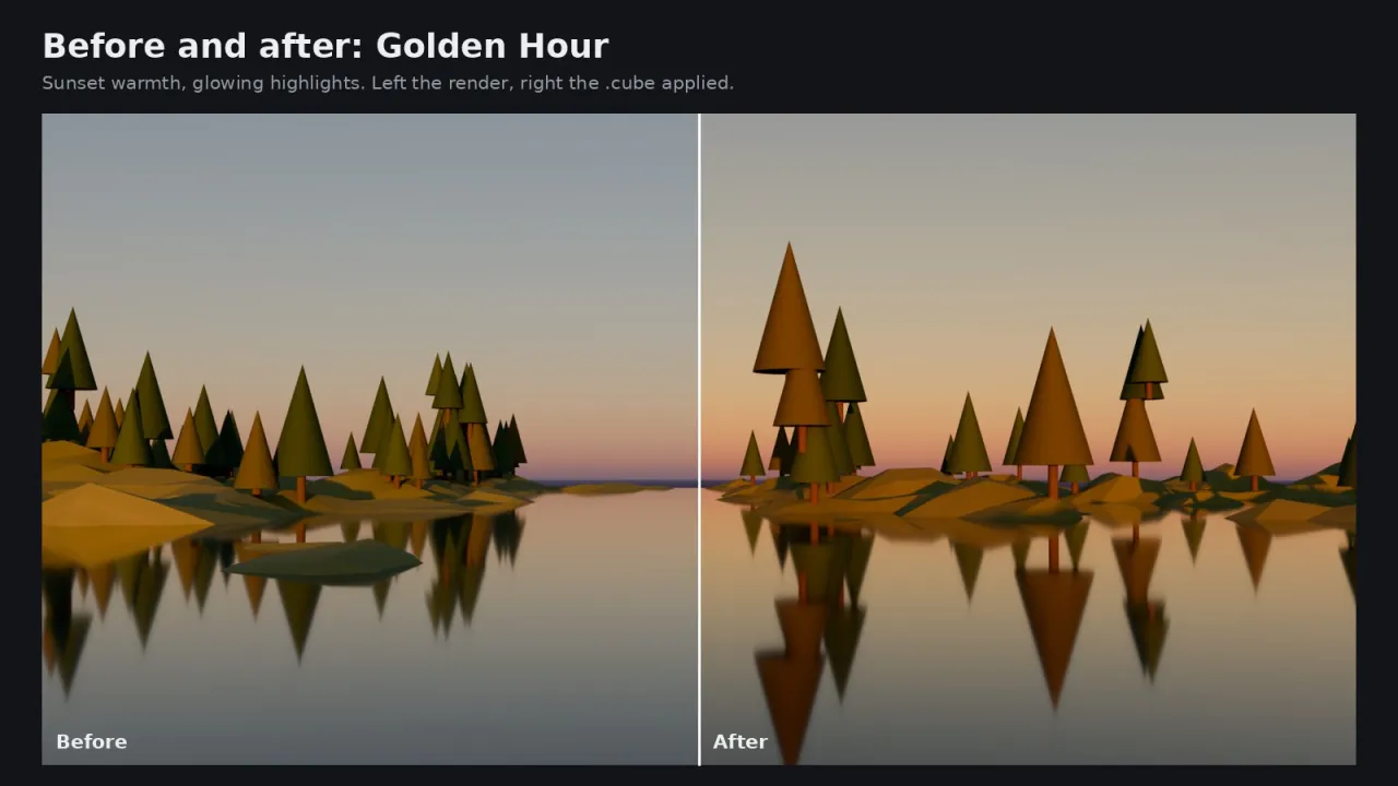 A lake at dusk, before and after the Golden Hour look