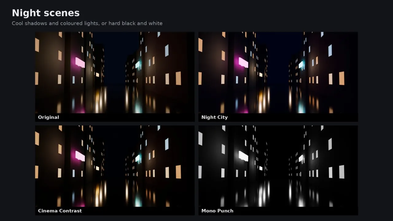 A night street in the original and in Night City, Cinema Contrast and Mono Punch