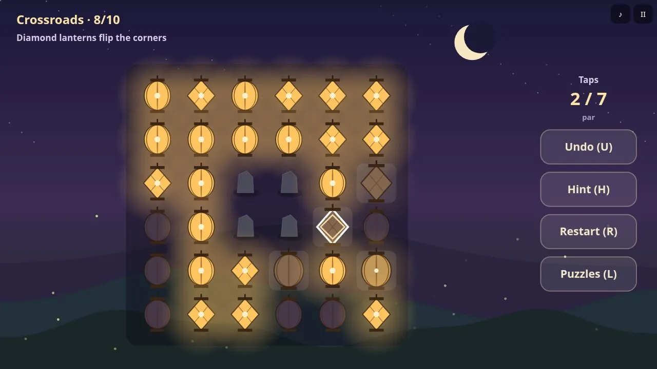 A field of paper lanterns on a moor at dusk, some glowing amber and some dark, with stones in the gaps