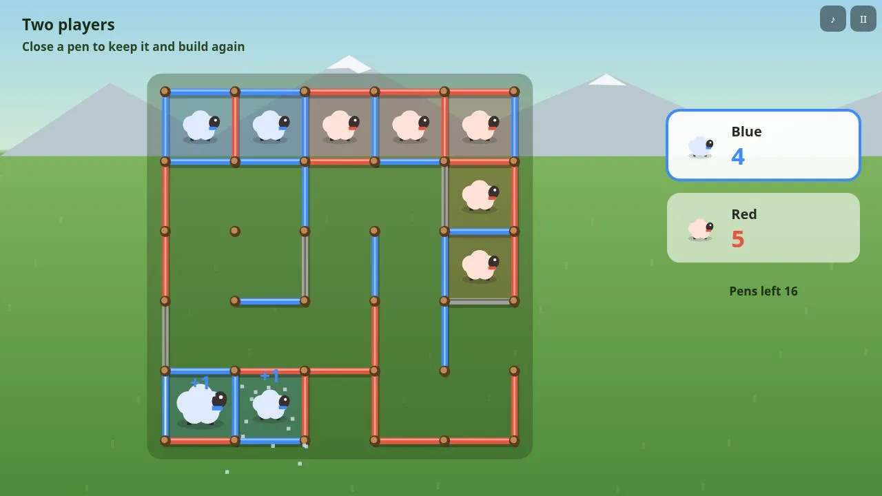 Sheep filling closed pens in the colour of the player who closed them