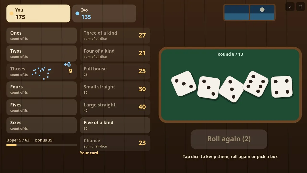Kept dice lifted with a HOLD label while the others are rolled again