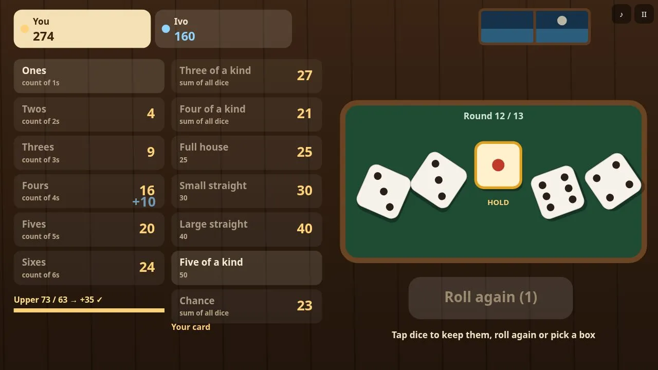 A card filling up late in the game with the totals of both players at the top