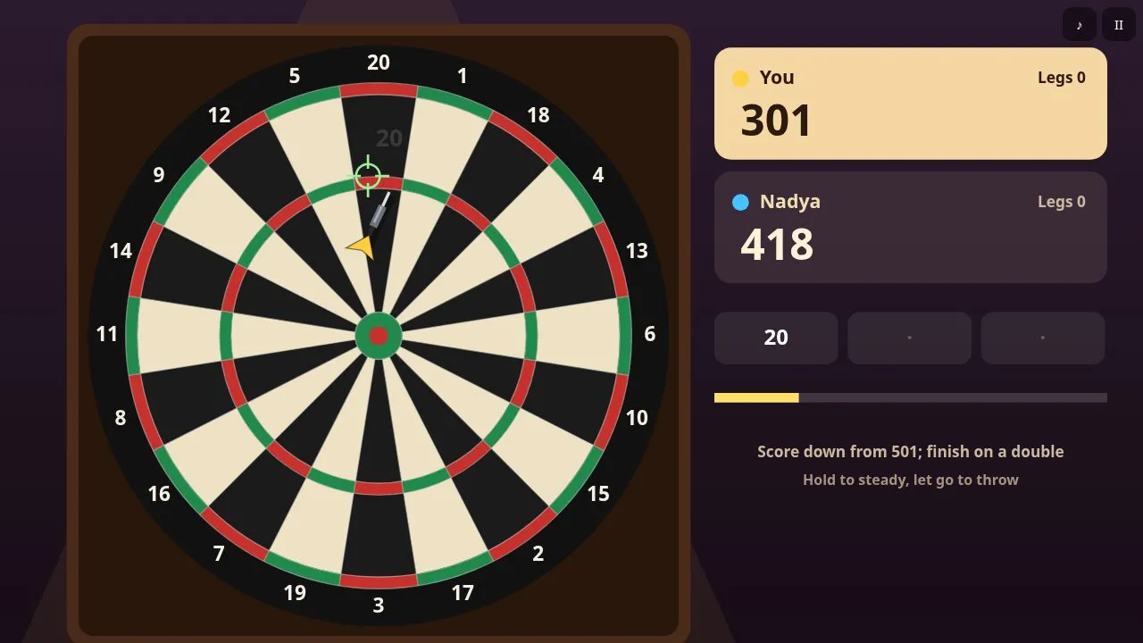 A dartboard in a pub with darts in the board and the score panel for both players