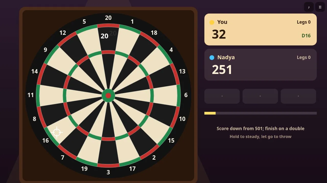 The player on 32 with the checkout hint D16 on the score panel