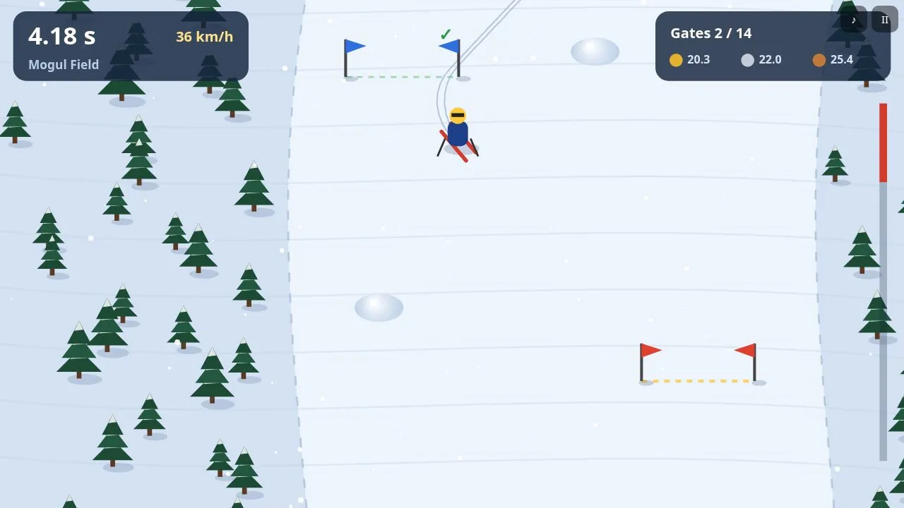 A skier carving between red and blue slalom gates on a snowy run with pines along the edges