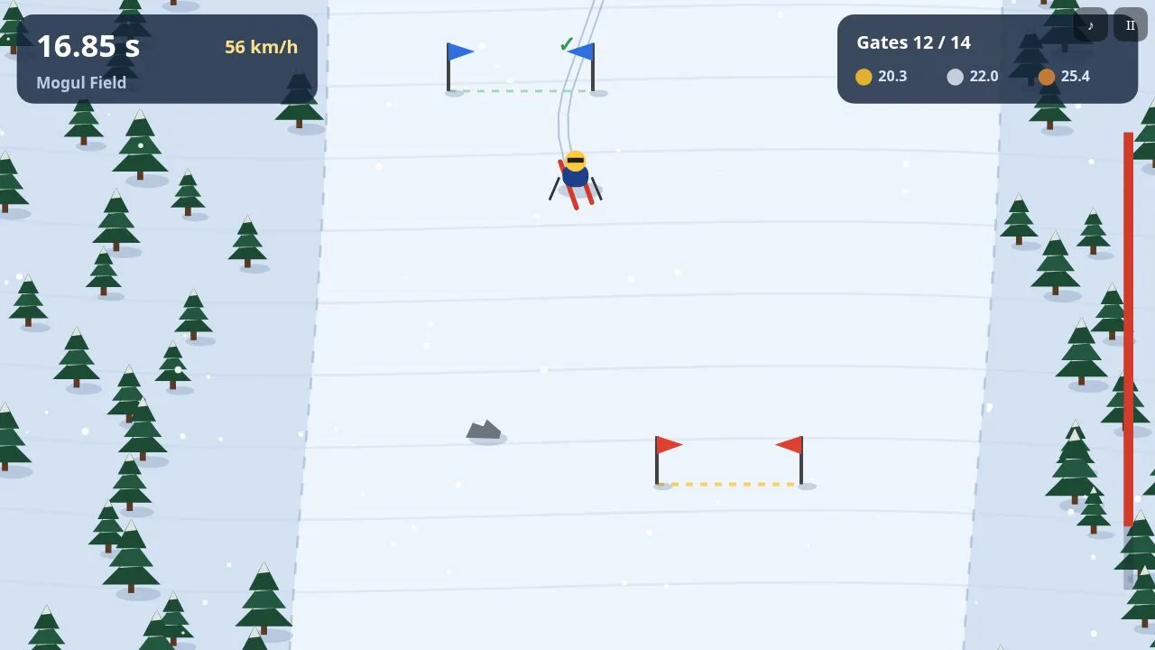The skier near the finish with the time and the gate counter at the top