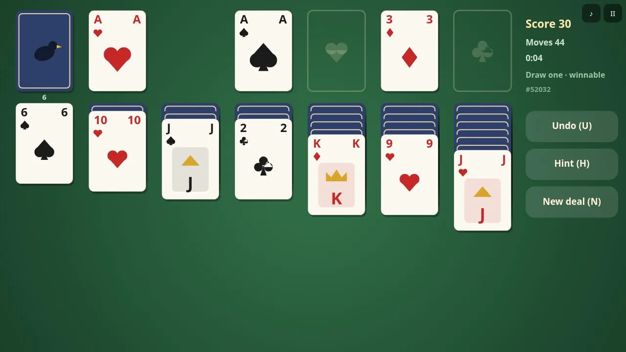 A Klondike layout on a green table with seven columns, the stock and the foundations