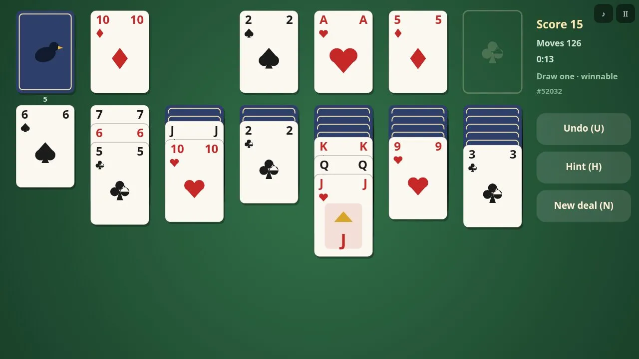 Columns built down in alternating colours with several cards on the foundations