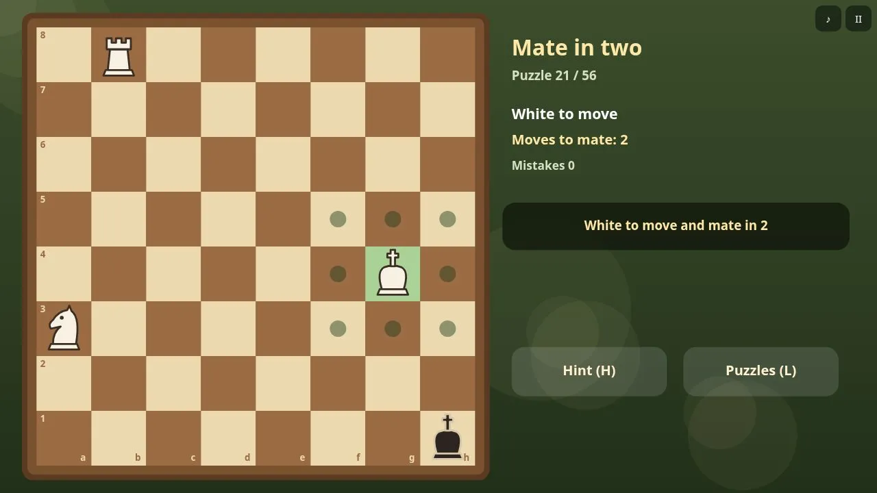 A chessboard under oak trees with a mate in two puzzle and the side panel