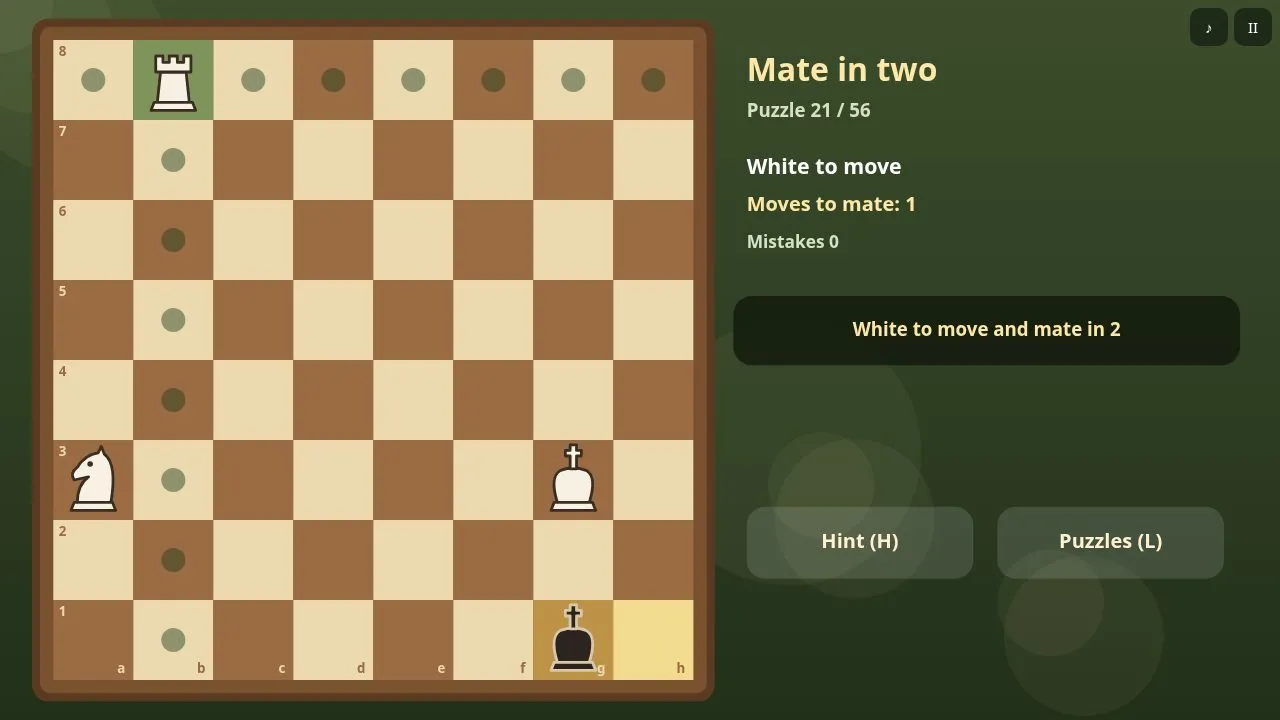 A white piece selected with its legal squares marked on the board