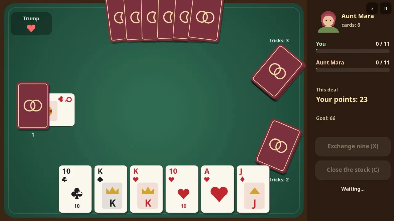 A Santase deal on a green table with the stock, the turned trump and six cards in hand