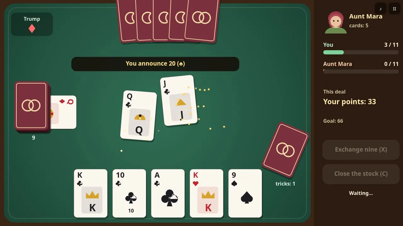 A trick in the middle of the table with points and game points on the right