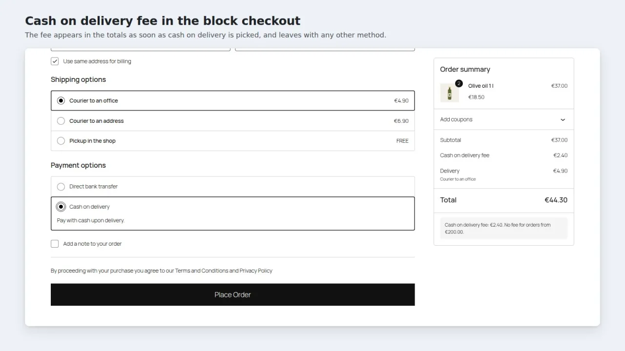 WooCommerce block checkout with Cash on delivery selected and a Cash on delivery fee line in the order summary, with a note under it