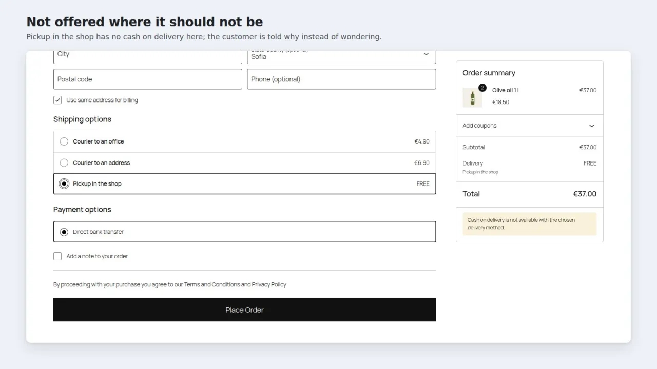 Block checkout with pickup in the shop selected, only bank transfer offered and a note that cash on delivery is not available with this delivery method