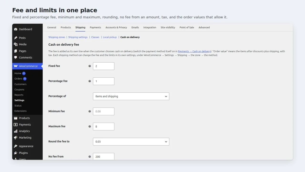 Cash on delivery settings under WooCommerce Shipping settings: fixed fee, percentage fee, minimum and maximum fee, rounding and no fee from