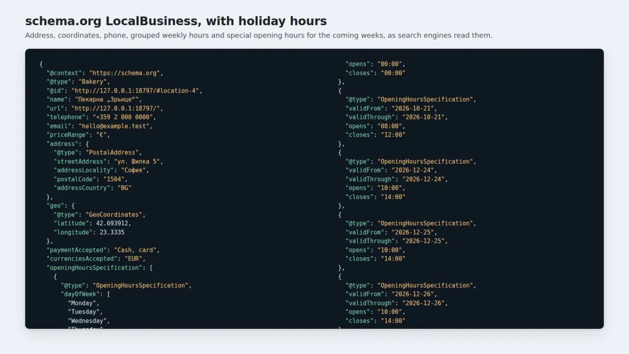 JSON-LD schema.org LocalBusiness на пекарна с адрес, координати и специално работно време